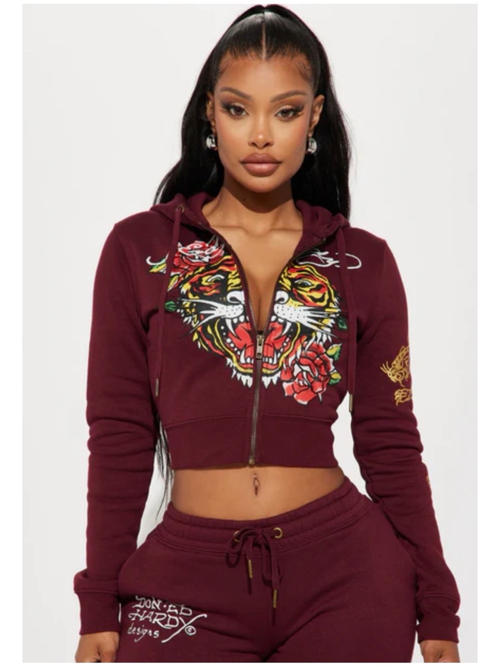 Ed Hardy Women’s M Retro Tiger Cropped Hoodie Full Zip Sweatshirt Burgundy Red